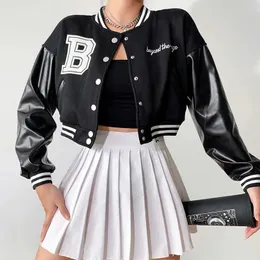 여자 Y2K 오버 크기 야구 유니폼 재킷 폭격기 탑 코트 편지 자수 패턴 긴 소매 포켓 240321