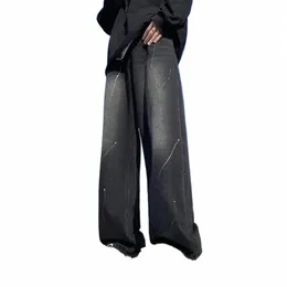 American Vintage Black Lose-Fit-Bronle-Leg Jeans Trendy High Street Style dla mężczyzn A4WR#