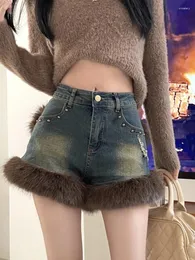 Kadınlar Kot Sonnaesd Kış Sokak Giyim Günlük Moda Kişilik Behin Edge Ekleme Tasarım Vintage Mini Kısa Seksi Denim