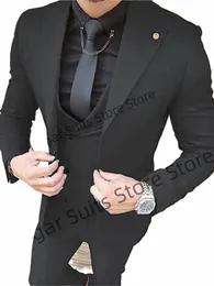 Luxuly Black Wedding Suit for Men Custom Peak Lapel Slim Fit Groom Tuxedos Prom 3Pieces Set Busin Male Blazer Costume Homme H3RW#