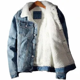 män denimjacka trendig vinter varm fleece kappa mens outwear fi jean jackets manliga cowboy casual kläder s-2xl g2be#