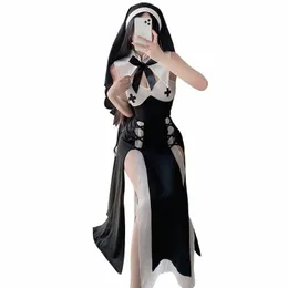 여성 애니메이션 섹시한 하녀 드레스 halen 검은 흰색 수녀 이국적인 섹시 란제리 2023 G28M#을위한 역사 수녀 코스프레 의상 의상
