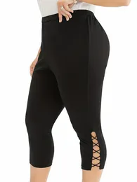 2023 New Summer Women Plus Size Youth Series Pant Leg Fishing Net Design Fi Style Slim Cropped Pants B4BH＃