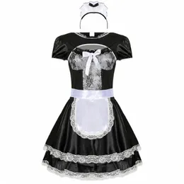 sexy cameriera di pizzo uniforme biancheria intima stretta a vita alta gonna coniglietta festa di carnevale spettacolo teatrale fantasia Dr Lolita nero vestito delle donne A1nj #