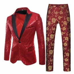 2023 Neue blaue Paillettenanzug Zweiteilige Männer Hochzeit Party Dr Jacke mit Hosen Rot Lila Sier Gold Blazer Mantel Hosen Q04l #