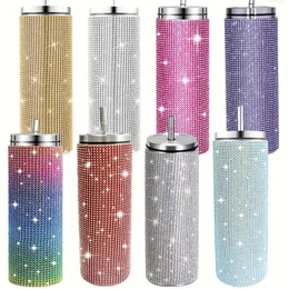 1pc, 20 onças de aço inoxidável copo isolado com palha de tampão - decoração de strass em espumante para viagens de verão e inverno, mantém bebidas frias ou quentes o dia todo