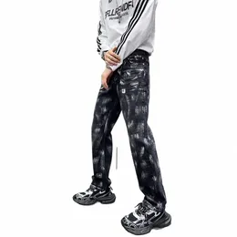 2024 Y2K Fi Street Giyim Geniş Bacak Denim Pantolon Erkekler Gevşek Kot Pırçın Yüksek Sokak Bahar Sonbahar Graffiti Bol Pantolonlar Q3Q9#