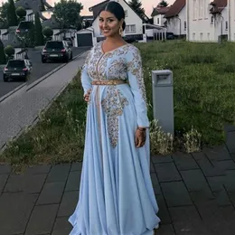 Party Dresses Sky Blue Moroccan Caftan Evening V-Neck Algeria Arabic Muslim Special Occasion A-LINE Prom Gowns