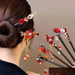 Grampos de cabelo barrettes vintage de madeira flor vermelha hairpin para mulheres antigo vara menina clipe chinês acessórios ano jóias gota entregar ot9fl