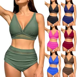 Kvinnors badkläder Solid Color Double Straps Mesh Trimed Sexy Bikini Womens Push Up Top Kalender för män thong set