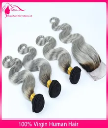 9A 1bGrey Hair Bundles With Lace Closure 2 Tone Silver Gray Body Wave Ombre Hair With Lace Closure MiddleThree Part8329531