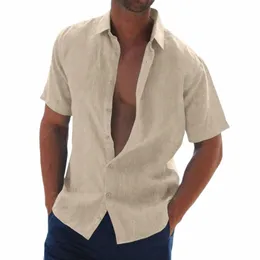 Schwarzer Strand-Stil Hawaii-Hemd Tops Kurzarm Umlegekragen Cott Leinen Butt Bluse Arbeitsreise-Stil Männliches loses Hemd t6G1 #