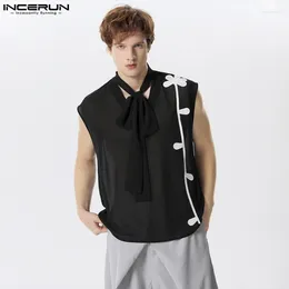 남성용 탱크 탑 인 Incerun 2024 American Style Handreman Men Ribbon Design Vests 세련된 스 플라이 싱 플로럴 시프 스루 소매 S-5XL