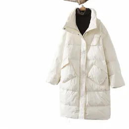 ヴィンテージスタンドカラーゆるい厚い白いアヒルダウンジャケット2021冬のパッチワークポケットダウンコートエレガントな女性ジャケットF0Z2＃