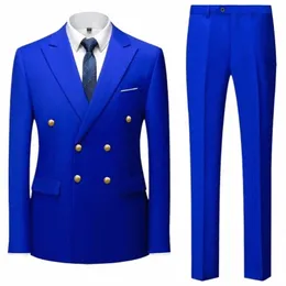 2023 FI New Men's Casual Boutique Double Breadted Suiters / Man's Busin Suit Jacket Blazers Pants 2 PCS Set U1VM#