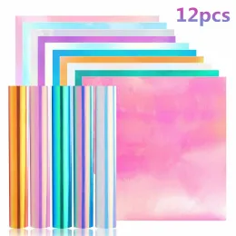 Films HTVRONT 12pcs 12X12 Inch Holographic Adhesive Vinyl Sheets Sticky Craft Sticker Film Permanent Vinyl for Cricut DIY Cup Window