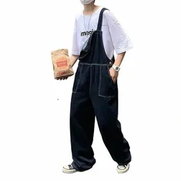 jeans män overall japan fickor vintage ons löst remmar denim s-3xl vaqueros college stiliga byxor harajuku streetwear o9py#