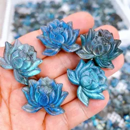 Skulpturer Natural Labradorite Lotus Crystal Flower Carving Reiki Gravering Healing Gemstone Crafts Home Decor 1st