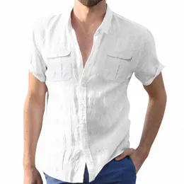 Camisa masculina casual pura branca, camisa dupla de bolso, manga curta, elegante, gola virada para baixo, camisa formal, camiseta masculina f8ps #