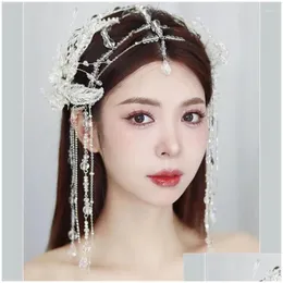 Hair Clips Barrettes Korean Style Bride Crystal Tassel Fairy Accessories Exquisite Handmade Beaded Eyebrow Center Pendant Chain Headwe Ot8Sn