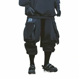 Svart Techwear Cargo Pants Men Hip Hop Streetwear Joggers Big Pockets Elastic midja Harajuku Casual Loose Trouser Y2K K2ZZ#