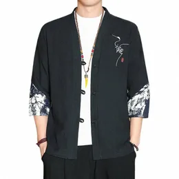 Homens estilo chinês camisas dos homens topos tang terno linho 3/4 manga sólida tradicional kung fu china tipo hanfu camisa masculina solta topos s5su #