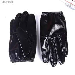 Tactical Gloves Mens 100% Real Leather Shiny Black Patent Unlined shrink Wrist Police Short GLOVES YQ240328