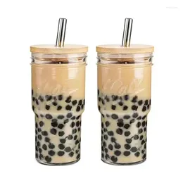 Copos de vinho 1 pc 700ml Copo de café gelado com tampa de bambu e palha reutilizável Boba Smoothie Copo de vidro bolha caneca de chá