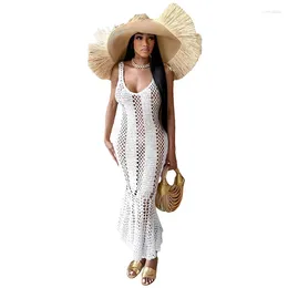 Summer Hollow Out Knitted Crochet Dress For Women Sexy Sleeveless See Through Mermaid Vestidos Vacation Beachwear Cover Ups