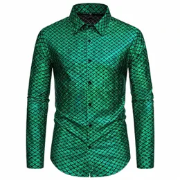 green Fish Scales Pattern Metallic Glitter Shirt Men 2024 Slim Lg Sleeve Dr Shirts Men 70s Disco Nightclub Clothing F3yD#