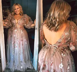 Affascinanti ricami floreali in pizzo una linea abiti da ballo sexy scollo a V gonfi maniche lunghe donne abiti da festa formali romantico tulle plus size abito da sera di fidanzamento CL3430