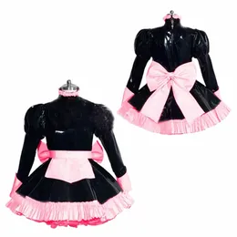 Egzotyczne zamknięcie słodki Big Bow Sissy Lolita Maid Dr Puff LG Rleeve Ruffles High Neck A-Line Pvc Shiny Maid Dr with APR i8t5#