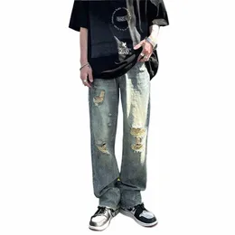 High Street Zerrissene Jeans Männliche Ins Flut Marke Hip-Hop Breite Bein Hosen Sommer Dünne Abschnitt Gerade Lose Beiläufige Alte Hosen männer H1lt #