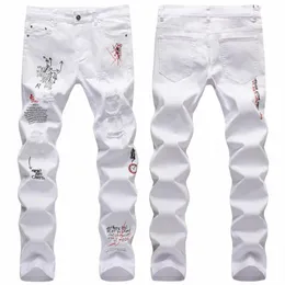 2023 Mężczyzna Hip Hop Youth Streetwear Dżinsy Fi Casual Style Men Denim Pants Nowe fala graffit-arty Risped Cargo Dżinsy White J62L#