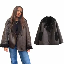 traf 2023 Woman Thick Faux Leather Jackets for Women Autumn Winter Warm Wool Blends Coats Demi-seas Plush Jacket Outerwear G28E#