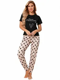 heart & Slogan Print Lounge Pajamas Set Short Sleeve Crew Neck Top & Joggers Women's Loungewear & Sleepwear k5UC#