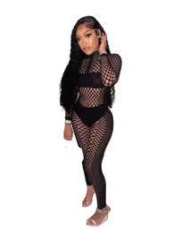 Jokaa Hole Mesh Hollow See Through 2 Piece Set Women Sexig LG Sleeve Tees and Pencil Pants Match 2024 Night Club Outfits D6N2#