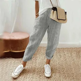 Men's Pants Women Fashion Striped Pencil Spring Summer Casual Elastic Waist Ankle-Length Trousers Ladies Lace Up Pocket