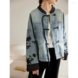 Roupas étnicas Retro Estilo Chinês Denim Casaco para Mulheres Primavera Casual Desgaste Diário 2024 Moda Bordado Stand Collar Button Top