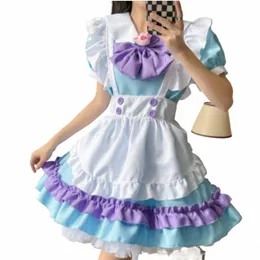 Damen Puderblaues Dienstmädchen-Outfit Anime Dr. Länge bis zum Oberschenkel Apr. Lolita Polyester Bequemes Cosplay-Kostüm mit großer Schleife J6A0 #