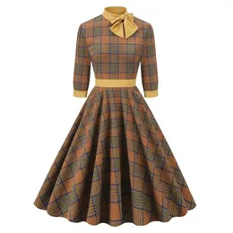 Vestidos casuais feminino europeu e americano retro grande swing vestido elegante xadrez alto pescoço 3/4 manga laço até hepburn estilo rockabilly