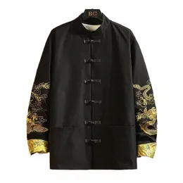 Kinesisk stil Spring Autumn Clothing Men's Retro Standing Collar Jacket Stor storlek Drag och Phoenix broderad jacka Q9ZG#