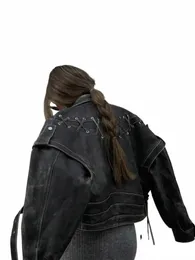 FIフリップカラージッパーバットスタイル女性用の短いジャケットLGスリーブレースアップレザージャケットレディエレガントなハイストリートウェアG4KR＃