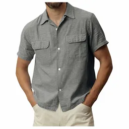 Summer Men Shirt Podwójna kieszeń swobodna stała kolor Bluzka Katata lniana koszula krótkie rękawowe luźne bluzki kardiganowe oddychanie U0IZ#