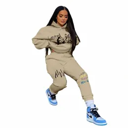 Hoodies Set Mulher Calças 2 Peças Corredores Treino Lg Manga Moletom Sweatpant Impresso Terno Solto Queda Roupas Sportswear d24t #