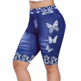 Damen-Leggings mit hoher Taille, bequemer Faux-Denim, florale geometrische Muster, Y2K-Stil – perfekt für Yoga, Freizeitkleidung, alle Meere y99e#