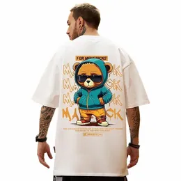2023 Summer Letter Bear 100% Cott High Quality Printed T-shirt Harajuku Kläder Leisure Street Fitn T-shirt O-Neck W2F0#