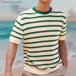 Men's T-Shirts Fashion O-neck T-shirt Top Retro Holiday Style Stripe Three way Zipper Mens Casual 2024 Short sleeved Knitted Shirt24328
