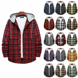 men Men Casual Red Plaid Print Shirt Hooded Oversized Casual Shirt Men's Clothes European American Style Handsome Men Holiday e0Ok#