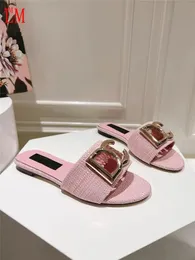 Designer de luxo sandália de couro feminino bianca rosa ráfia deslizamento em chinelos sapatos melhor qualidade com caixa